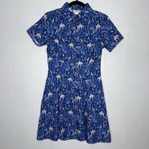 Boozelele Women’s Cotton Shirt Dress Elephant Jungle Print Blue Size Small